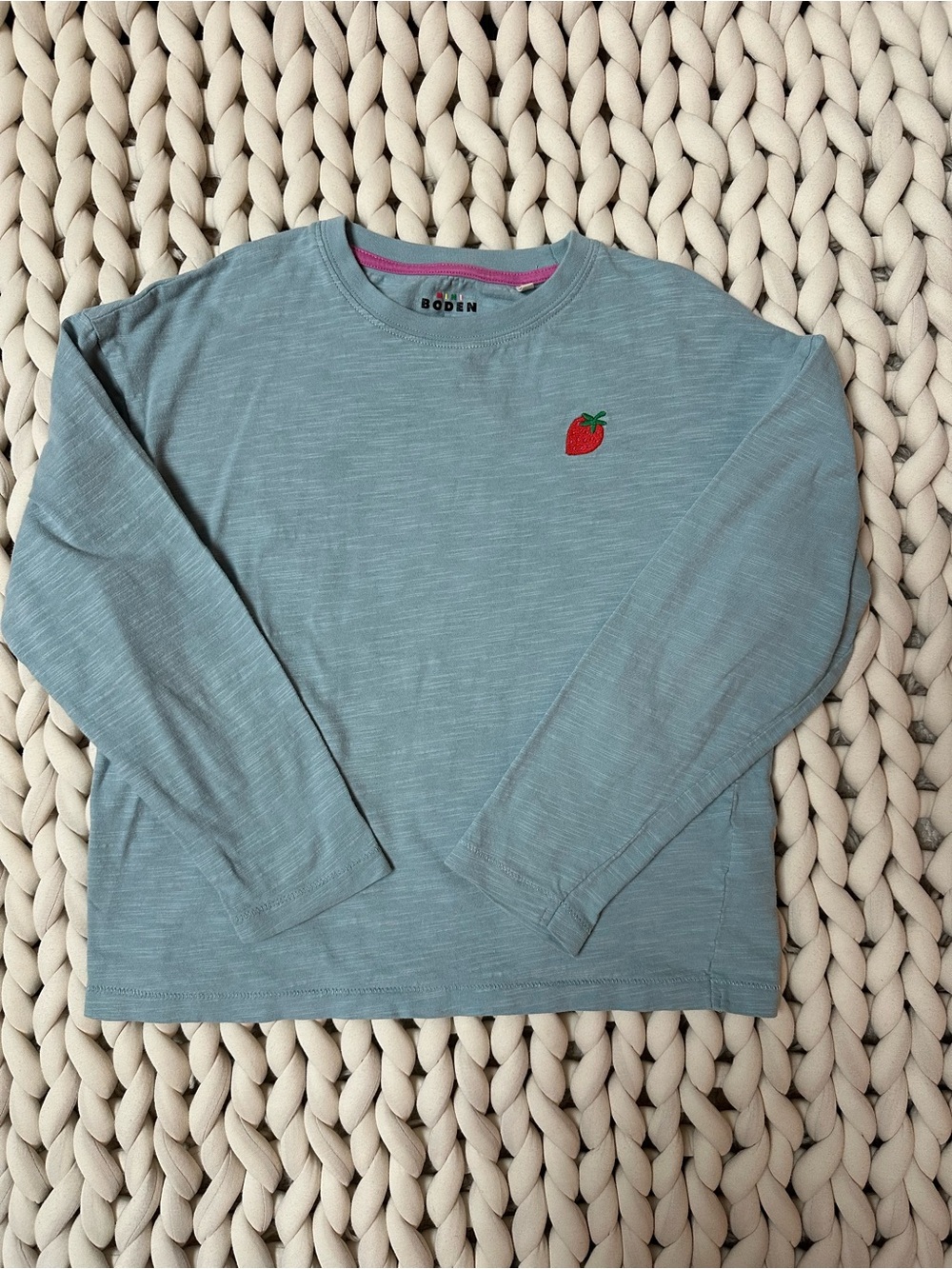Boden Girls' Light Blue Long-Sleeve Shirt with Embroidered Strawberry 🍓 | 8-9